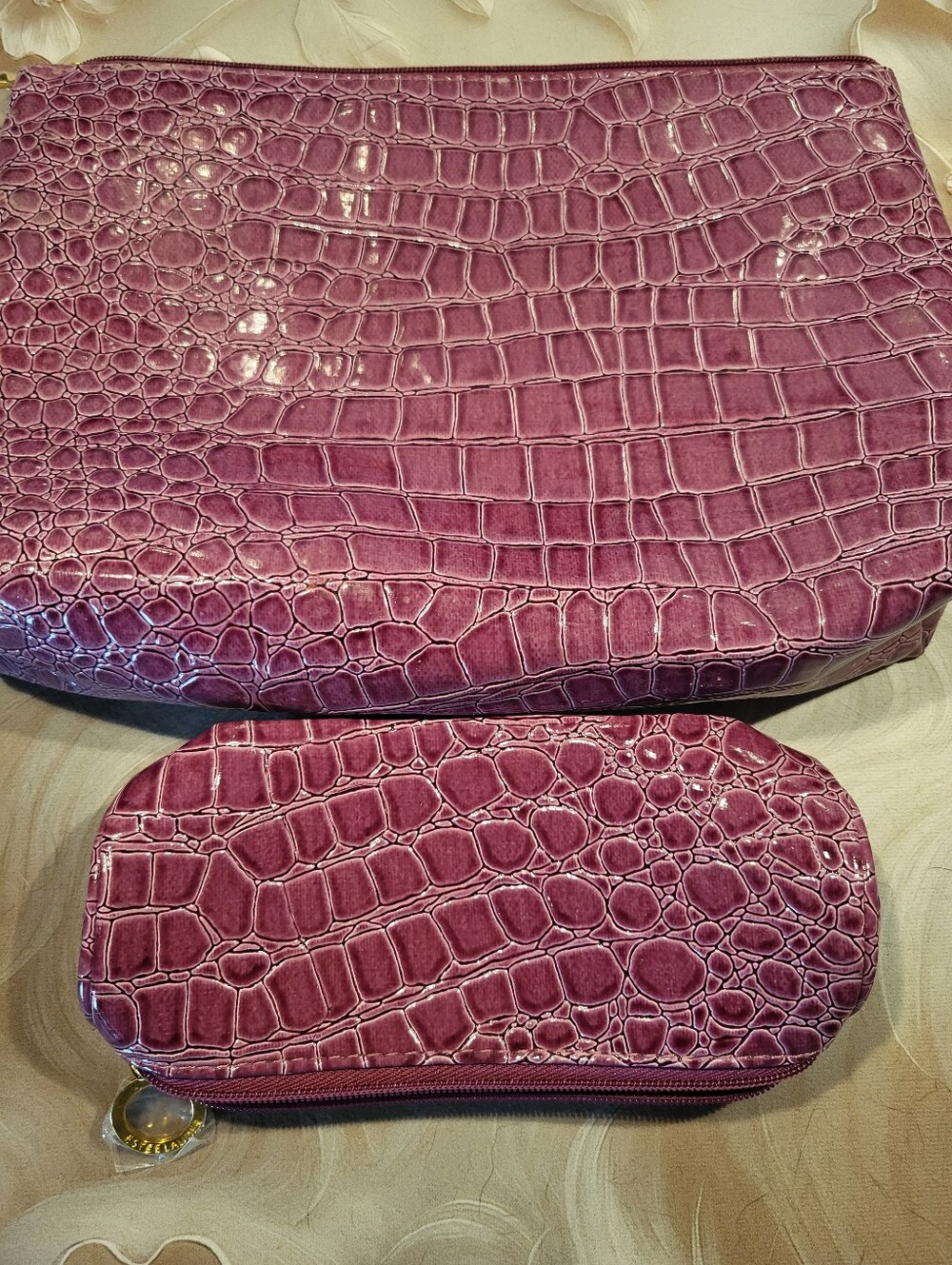 Estee Lauder  Croc-Embossed Purple Plum Cosmetic Bag Set. 11L x 8H and 7 L x 3 H